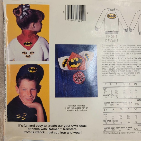 VTG Butterick 1989 BATMAN Iron-On Transfer Kids Sweatshirt Pattern #985✨️NIP - Picture 14 of 16